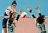Yassmeen Bedart-Ghani of Hyundai Hillstate, left, attacks during a match against GS Caltex Seoul Kixx on Thursday at Jangchung Arena in central Seoul. [NEWS1]