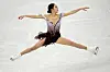 You Young performs a split jump in the women's free skate program during the figure skating competition at the 2022 Winter Olympics on Thursday. [AP/YONHAP]