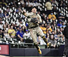 San Diego Padres third baseman Kim Ha-seong throws out Milwaukee Brewers left fielder Christian Yelich during the sixth inning at American Family Field in Milwaukee, Wisconsin on Tuesday. [USA TODAY/YONHAP]
