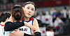 Captain Kim Yeon-koung hugs Pyo Seung-ju after the Korean women’s volleyball team was defeated by Serbia in the bronze medal match at Ariake Arena in Tokyo on Sunday. Korean viewers expressed warm support for the volleyball team, which entered the tournament as an underdog and fought its way up to the semifinal. [YONHAP]