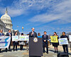 Rep. Brad Sherman speaks at a podium during a press conference on Capitol Hill in Washington on Wednesday to announce the reintroduction of the ″Peace on the Korean Peninsula Act.″ [YONHAP]