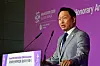 SK Chairman Chey Tae-won speaks during the appointment ceremony of BTS as the ambassadors for the World Expo 2030 Busan at the HYBE office in Seoul on July 19. [NEWS1]