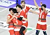 The Incheon Korean Air Jumbos celebrate after beating the Seoul Woori Card WooriWon 3-0 in a match at Gyeyang Gymnasium in Incheon on Dec. 25. The Jumbos got into the festive spirit by playing the game in a special Santa-themed kit. [KOVO]