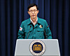 Bang Moon-kyu, minister of government policy coordination, speaks to reporters at the Yongsan presidential office in central Seoul after he was tapped by President Yoon Suk Yeol as the new industry minister Tuesday. [JOINT PRESS CORPS]