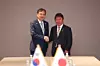 Korean Foreign Minister Cho Hyun and his Japanese counterpart, Toshimitsu Motegi, shake hands following their talks in Gyeongju, North Gyeongsang, on Oct. 29. [MINISTRY OF FOREIGN AFFAIRS]