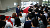 President Yoon Suk-yeol answers questions from reporters during a “doorstepping” session at the presidential office in Yongsan, central Seoul, Friday morning. Such daily morning question-and-answer sessions were temporarily suspended Monday due to Covid-19 worries. [NEWS1]