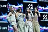 Kiss of Life members pose for a photo during a press showcase on Oct. 15 at Yes24 Live Hall in Gwangjin District, eastern Seoul. [DANIELA GONZALEZ PEREZ]