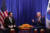 South Korean President Yoon Suk-yeol, left, talks with U.S. President Joe Biden during their summit at a hotel in Phnom Penh on Nov. 13, 2022. [YONHAP]