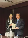 Korea's Foreign Minister Park Jin, right, with Min Jin Lee [SCREEN CAPTURE]