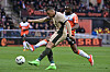 Paris Saint-Germain forward Kylian Mbappe, front, shoots during a Ligue 1 match against Lorient at the Stade du Moustoir in Lorient, France on Wednesday. [AFP/YONHAP]
