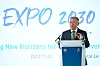 Hyundai Motor Executive Chair Euisun Chung gives a toast at a reception dinner held for Bureau International des Expositions (BIE) representatives, diplomats and business heads at a hotel in Paris on Thursday. Chief Chung’s speech, given in English, focused on the attention Busan is receiving as a candidate to host the World Expo 2030, alongside the country’s strengths in science, technology, K-pop and K-food. He emphasized that Korea will keep its promises made to each country regardless of the results of the vote, which will take place Tuesday. The chief then toasted the many new friends that had been made during promotions during the bidding process. [YONHAP]