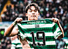 Oh Hyeon-gyu celebrates after scoring a goal for Celtic against Hibernian at Celtic Park in Glasgow on Saturday.  [SCREEN CAPTURE]