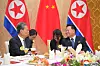 In this photo, shared by the Korean Central News Agency on Friday, China's top legislator, Zhao Leji, left, meets with Choe Ryong-hae, chairman of the Standing Committee of the Supreme People's Assembly, in Pyongyang on Thursday. [YONHAP]
