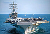 The U.S. Navy’s aircraft carrier USS Ronald Reagan, front, and South Korean Navy ships Munmu the Great and Gangwon steam in formation in waters east of the Korean Peninsula in a photograph released by the U.S. Navy on Sept. 29. The Ronald Reagan Carrier participated in a maritime exercise with South Korea’s Navy last week and returned to the peninsula Wednesday after North Korea’s intermediate-range ballistic missile launch the previous day. [U.S. NAVY]