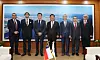Ambassador of Chile to Korea Mathias Francke, third from left; Mayor of Ulsan Kim Doo-gyeom, fourth from left; and Chile Investment Commissioner to Asia Vicente Pinto, far right, during their meeting in Ulsan on Tuesday to discuss Chile-Korea cooperation on investment and trade on hydrogen and green ammonia. [EMBASSY OF CHILE IN KOREA]
