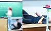 A middle school student in Hongseong, South Chungcheong, watching TikTok videos while lying beneath a blackboard while a teacher continue with her class in August 2022. [TIKTOK SCREEN CAPTURE]