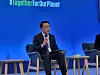 Shinhan Financial Group Chiarman Cho Yong-byoung speaks during the 26th United Nations Climate Change Conference 2021 in Glasgow, Scotland, earlier this month. Cho was the only chief of an Asian financial group invited to the conference, according to the Korean financial group. [SHINHAN FINANCIAL GROUP]