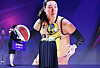 A Cheongju KB Stars mascot receives the MVP award on behalf of Park Ji-su at the 2021-22 Women's Professional Basketball Regular League Awards held at the 63 Convention Center in Yeouido, western Seoul on Monday. [YONHAP]