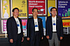 From left, Korea Chamber of Commerce and Industry Chairman Chey Tae-won, Prime Minister Han Duck-soo and Busan Mayor Park Heong-joon attend a special correspondent dinner in Paris, France, on Sunday, sporting 'Busan is ready' T-shirts to promote Busan's bid to host the World Expo 2030. [PRIME MINISTER'S SECRETARIAT]