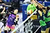 Kim Yeon-koung of the Incheon Heungkuk Life Pink Spiders, left, plays the ball against Suwon Hyundai Engineering & Construction Hillstate at Suwon Gymnasium in Suwon on Tuesday. [YONHAP]