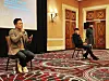 Kim Dong-hyun, left, vice president of SK USA, talks to the Korean press on Sunday at a hotel in Las Vegas prior to the official opening of CES 2024 on Tuesday. [SK GROUP]