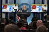 White House Press Secretary Karoline Leavitt speaks to members of the media, as images are displayed of U.S. President Donald Trump receiving information on military strikes launched against Yemen's Iran-aligned Houthis, in the briefing room at the White House, in Washington, D.C., U.S., on March 17. [REUTERS/YONHAP]