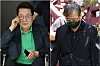 Former National Intelligence Service directors Park Jie-won, left, and Suh Hoon emerge from their homes after they were raided by prosecutors on Tuesday. [YONHAP]