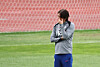 Korean national football team head coach Hong Myung-bo wears a pensive expression during an official training session at Goyang Stadium Auxiliary Field in Goyang, Gyeonggi, on Oct. 12. The team trained amid a somber mood following its 0–5 defeat to Brazil in a friendly match on Oct. 10. Korea will face Paraguay in another friendly on Oct. 14. [YONHAP]