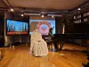As part of the “Neuro-Knitting Beethoven” performance by Berlin-based artist duo Varvara & Mar, Korean pianist Jongwha Park plays pieces by Beethoven and Buddhist monk Oh Shim listens while wearing an EEG headset, at Art Center Nabi’s laboratory Tazak Madang in central Seoul on Friday evening. [MOON SO-YOUNG]