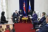 North Korean leader Kim Jong-un, left, holds talks with Russian Minister of Natural Resources and Ecology Alexander Kozlov, right, in Khasan, Russia, Tuesday in a photo provided by Primorsky Krai Region Administration Wednesday. [AP/YONHAP]