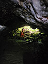 Local reporters finally reach the exit of the Bwengdwigul Lava Tube last week after walking and crawling across a part of it, located closest to Geomunoreum where the volcano erupted and has the complex labyrinth of small lava tubes that stretch out like a spider web. [YIM SEUNG-HYE]