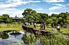 Local reporters on Wednesday cross the bridge of the Mosani Pond in Deokcheon-ri in Jeju's Gujwa County to experience a part of the upcoming World Heritage Festival's Jeju edition. [YIM SEUNG-HYE]