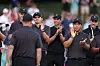 Kim Joo-hyung, right, of the International Team cheers for Captain Trevor Immelman during the closing ceremony of the 2022 Presidents Cup at Quail Hollow Country Club on Sept. 25 in Charlotte, North Carolina. [AFP/YONHAP]