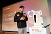 Ahn Sung-ho, CEO of zigbang, poses with the new SHP-R80, a door lock that can be unlocked using a Samsung Pay-installed phone. [ZIGBANG]