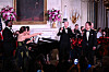 U.S. President Joe Biden, center, and Broadway stars react as President Yoon Suk Yeol, right, sings ″American Pie″ by Don Mclean during the state dinner at the White House in Washington, Wednesday. [AP/YONHAP]