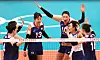 The Korean women's volleyball team celebrate after scoring a point against Kenya on Tuesday at Ariake Arena in Tokyo. [YONHAP]