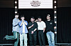 Comedians Lee Jae-yul, far left and Meta Comedy CEO Joon Chung, far right, pose with comedians Kim Dong-ha, second from left, Danny Cho, center, and Kwak Beom for the press on the July 15 at the Meta Comedy Club Hongdae in Hongdae, Mapo District, western Seoul. [META COMEDY]