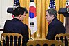 Korean Minister of Foreign Affairs, Chung Eui-yong, left, and U.S. Secretary of State Antony Blinken chat before a joint news conference with President Moon Jae-in and President Joe Biden in the White House in Washington on May 21. [AP/YONHAP]