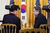 Korean Minister of Foreign Affairs, Chung Eui-yong, left, and U.S. Secretary of State Antony Blinken chat before a joint news conference with President Moon Jae-in and President Joe Biden in the White House in Washington on May 21. [AP/YONHAP]