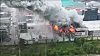 Smoke rises from a battery plant owned by Aricell, a lithium battery manufacturer, in Seosin-myeon, Hwaseong, Gyeonggi. The fire began around 10:31 a.m. Monday. [YONHAP]