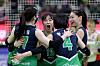 Suwon Hyundai Engineering & Construction Hillstate players celebrate after beating the Gwangju Pepper Bank AI Peppers 3-0 in a V League match at Suwon Gymnasium in Suwon, Gyeonggi on Saturday. The win puts Hillstate seven points clear at the top of the V League table.  [NEWS1]