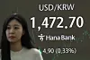 A screen in Hana Bank's trading room in central Seoul shows the won's trading value against the dollar on April 8. [YONHAP]