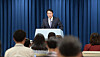Kim Tae-hyo, the first deputy director of the National Security Office (NSO), gives a briefing Thursday at the Yongsan presidential office in central Seoul on President Yoon Suk-yeol’s seven-day tour from Sunday which will take him to London, New York, Toronto and Ottawa. [JOINT PRESS CORPS]