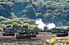 K-9 self-propelled howitzers carry out live fire exercises on a firing range in Paju, Gyeonggi, on Monday in the annual Hoguk drills. [YONHAP]