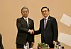 Korean Foreign Minister Cho Tae-yul, right, and his Japanese counterpart Takeshi Iwaya shake hands at a meeting held on the sidelines of the Asia-Pacific Economic Cooperation Ministerial Meeting in Lima, Peru, on Nov. 15, 2024. [MINISTRY OF FOREIGN AFFAIRS]