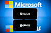 Screens display the logos of Microsoft and OpenAI. Microsoft extended on January 23 its partnership with with OpenAI, the research lab and creator of ChatGPT, in a ″multiyear, multibillion dollar investment″ [AFP]