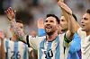 Argentina's Lionel Messi celebrates after scoring his side's opening goal during the World Cup group C match between Argentina and Mexico, at the Lusail Stadium in Lusail, Qatar, on Saturday. [EPA/YONHAP]