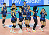 V-Star players celebrate during the 2023-24 V League All-Star game held at Incheon Samsan World Gymnasium in Incheon on Saturday. [YONHAP]