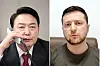 President-elect Yoon Suk-yeol, left, holds a phone call with Ukrainian President Volodymyr Zelensky Tuesday. [YONHAP]