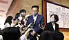 Chung Jin-suk, center, the parliamentary deputy speaker who was named as the new interim leader of the People Power Party (PPP), speaks to reporters at the National Assembly in Yeouido, western Seoul, Thursday. [JOINT PRESS CORPS]
